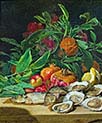 Still life with Ostriches Fish and Exotic Fruit